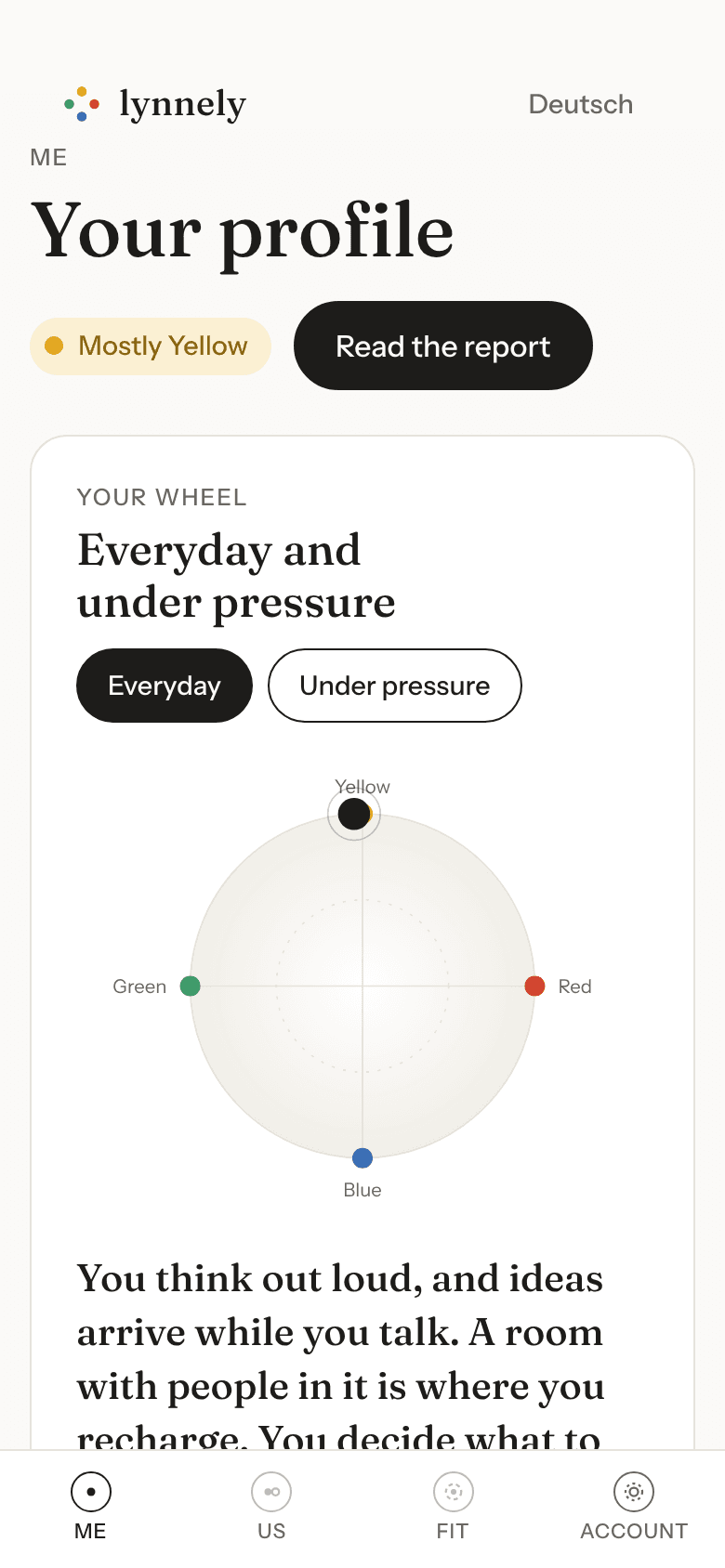 The Me dashboard on a phone: the wheel with the everyday point and the pressure ring, the first report lines below.